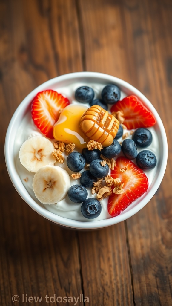 A colorful yogurt bowl topped with fresh fruits and granola, placed on a wooden table.